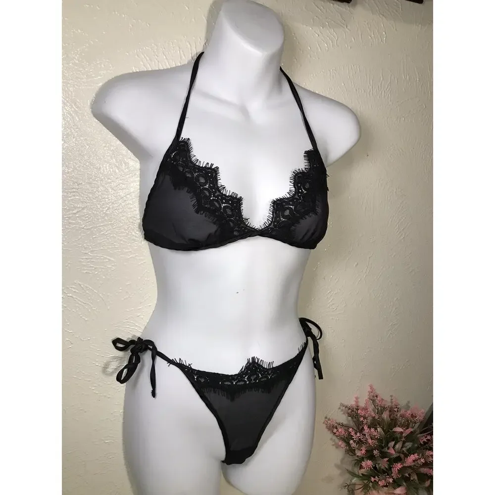 Women Lingerie Sexy Two Piece Eyelash Bra and Panty Strappy Babydoll Strappy S/M